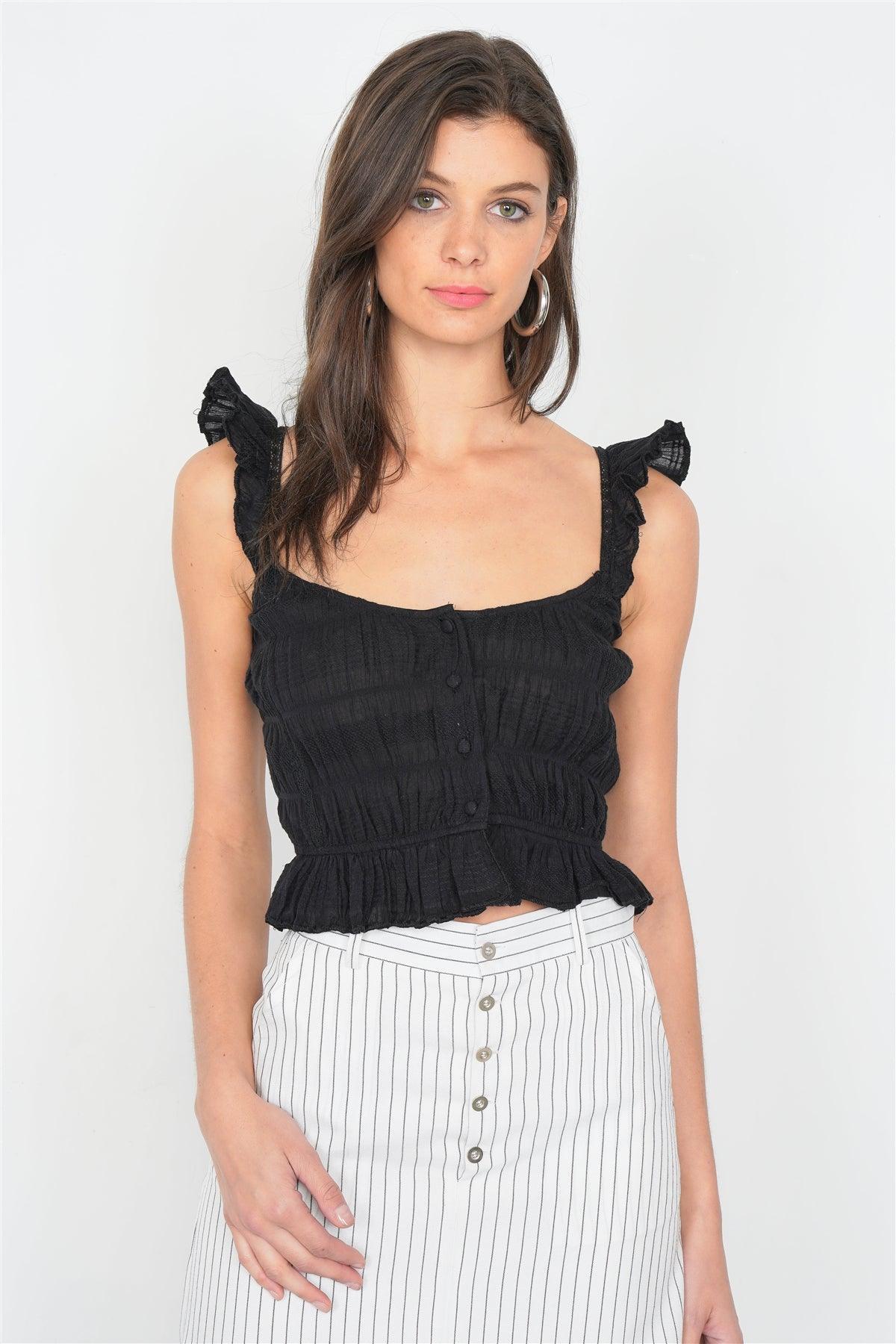 Black Cotton Smocked Eyelet Frill Peplum Cami Strap Top /4-2-1