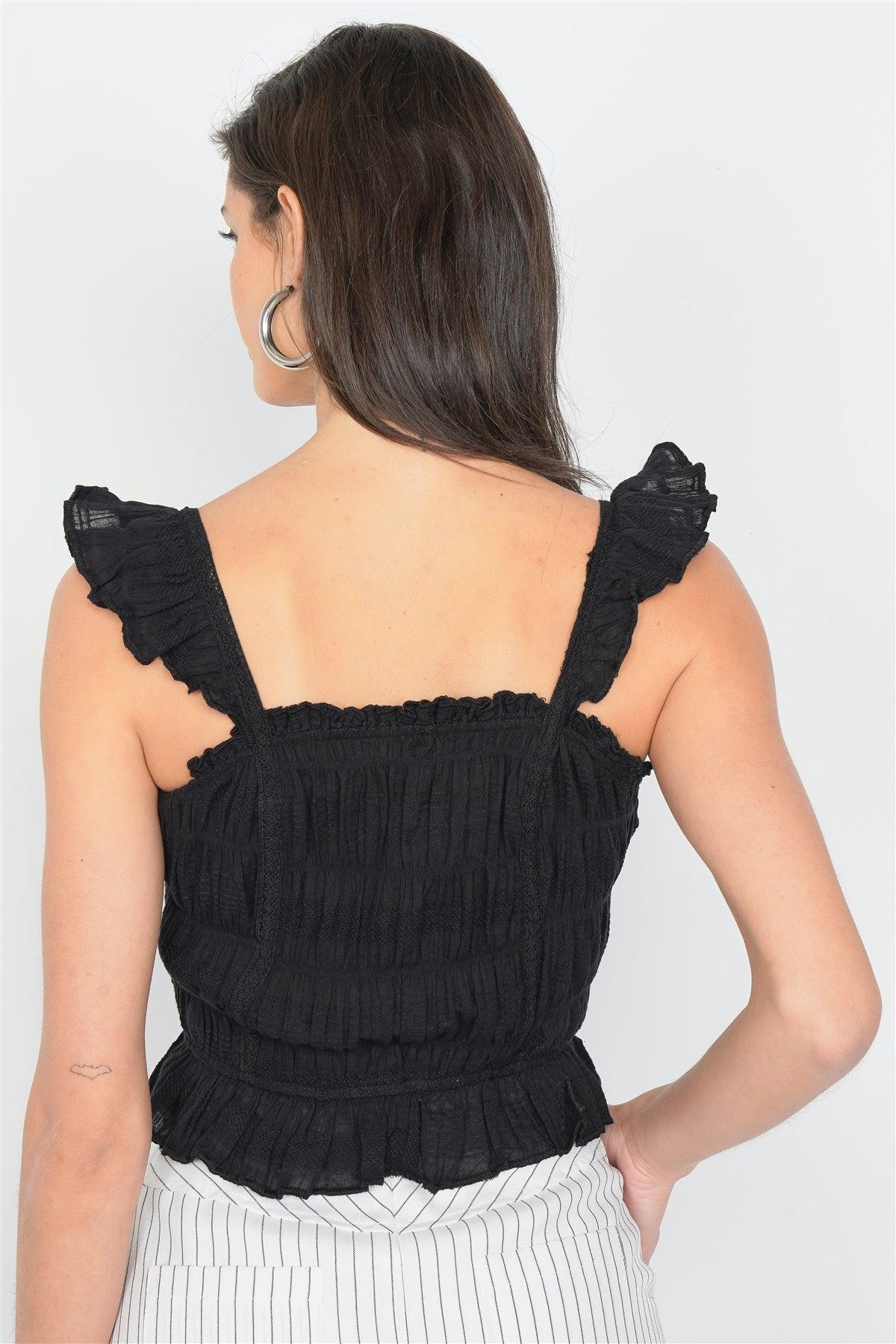 Black Cotton Smocked Eyelet Frill Peplum Cami Strap Top /4-2-1