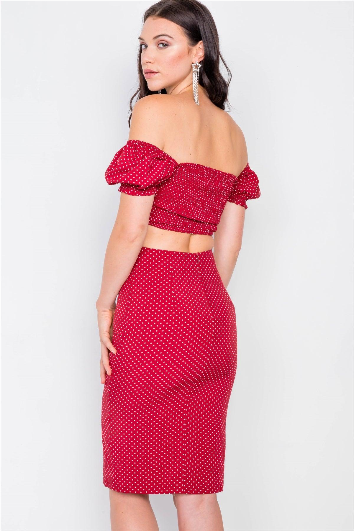 Red Polkadot Printed Ruched Crop Top & Midi Skirt Set /3-2-1