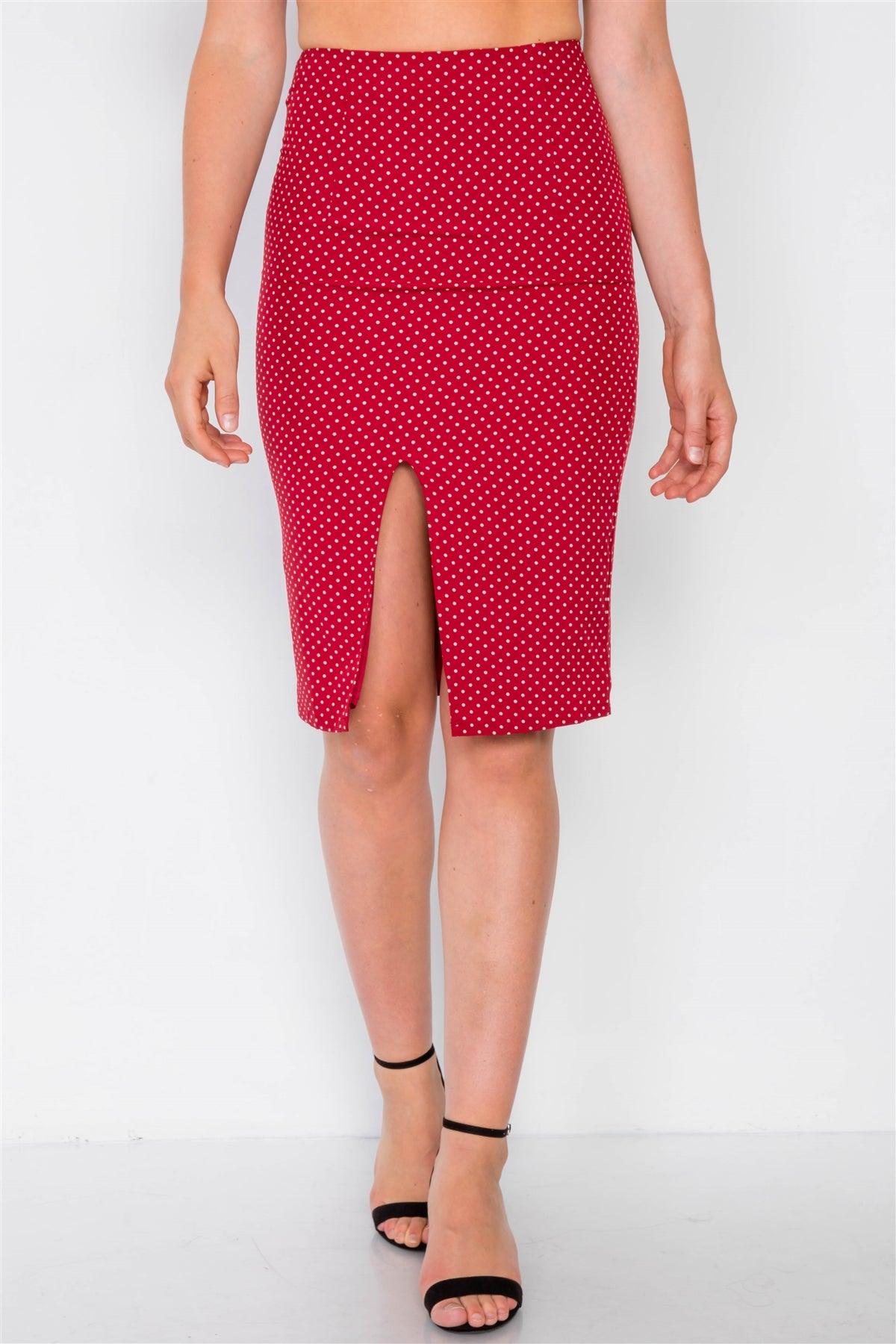 Red Polkadot Printed Ruched Crop Top & Midi Skirt Set /3-2-1