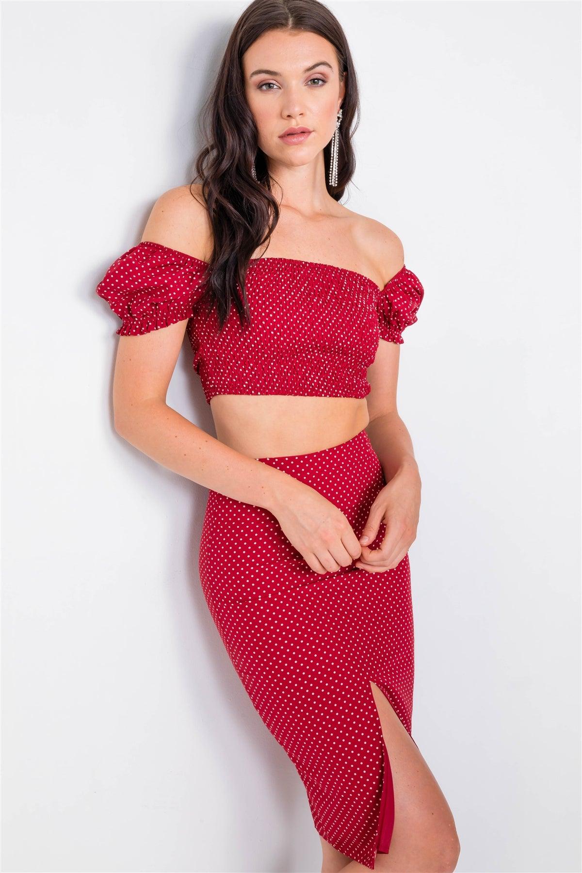 Red Polkadot Printed Ruched Crop Top & Midi Skirt Set /3-2-1