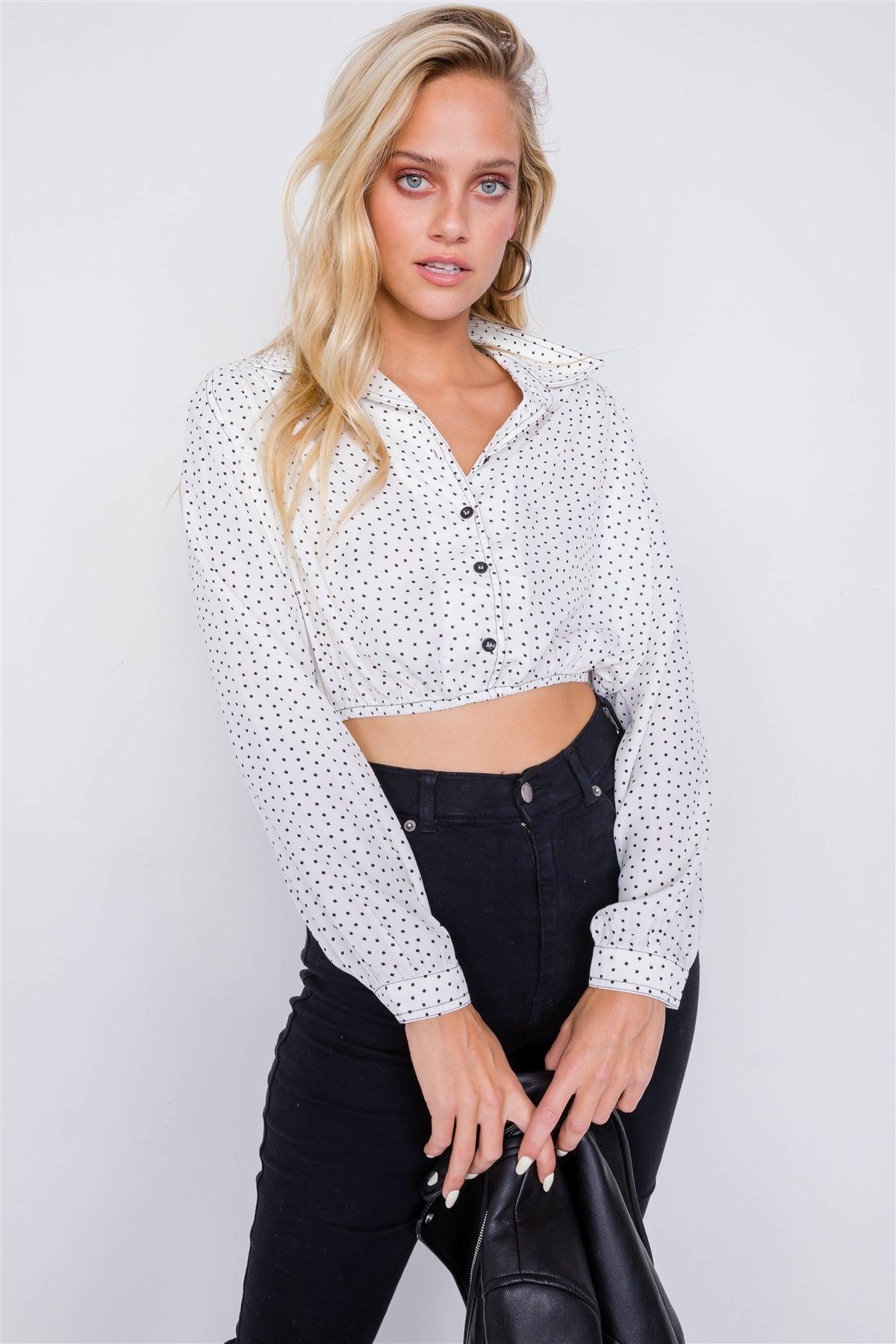 Off-White Polkadot Contrast Stitching Chiffon Crop Top /3-2-1