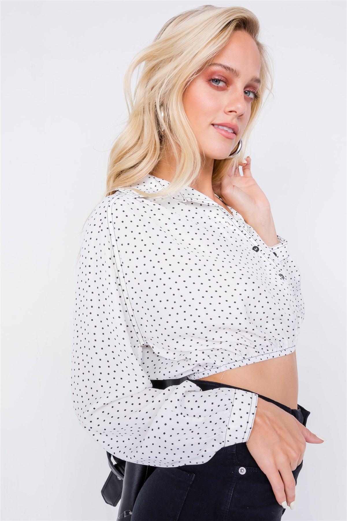 Off-White Polkadot Contrast Stitching Chiffon Crop Top /3-2-1