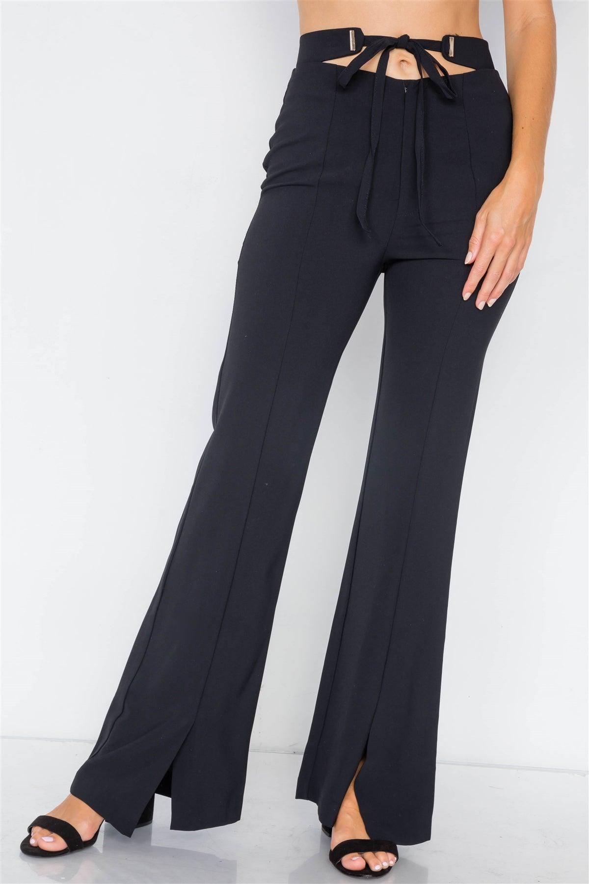 Black High-Waisted Pleated Mini Ankle Slit Wide Leg Pant /3-2-1