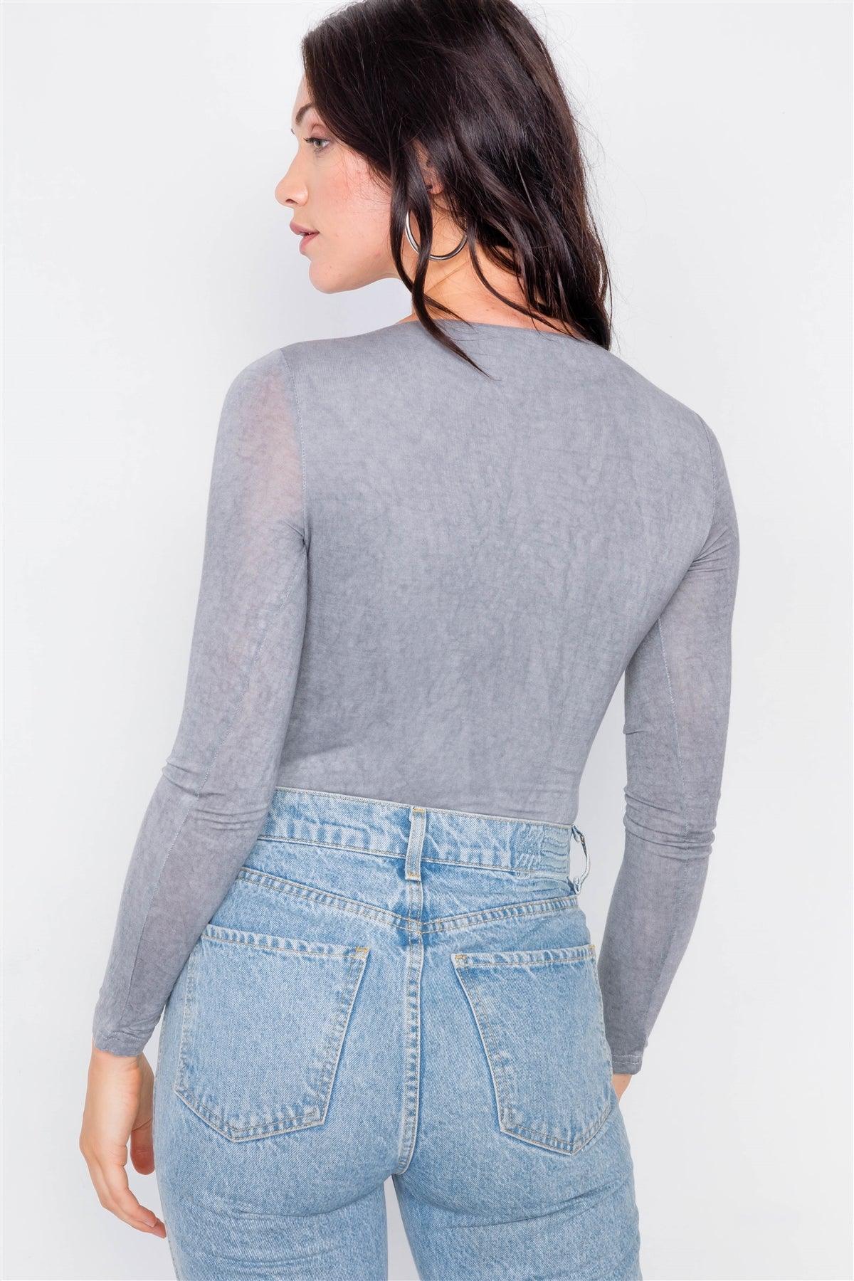 Grey Twist Front Cut-Out V-Neck Long Sleeve Bodysuit /3-2-1