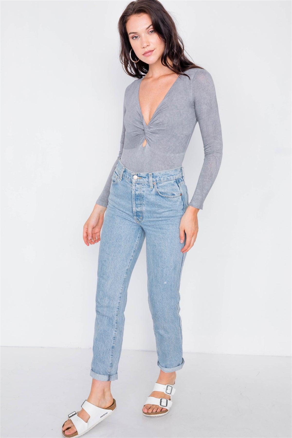 Grey Twist Front Cut-Out V-Neck Long Sleeve Bodysuit /3-2-1