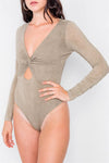 Taupe Twist Front Cut-Out V-Neck Long Sleeve Bodysuit /3-2-1