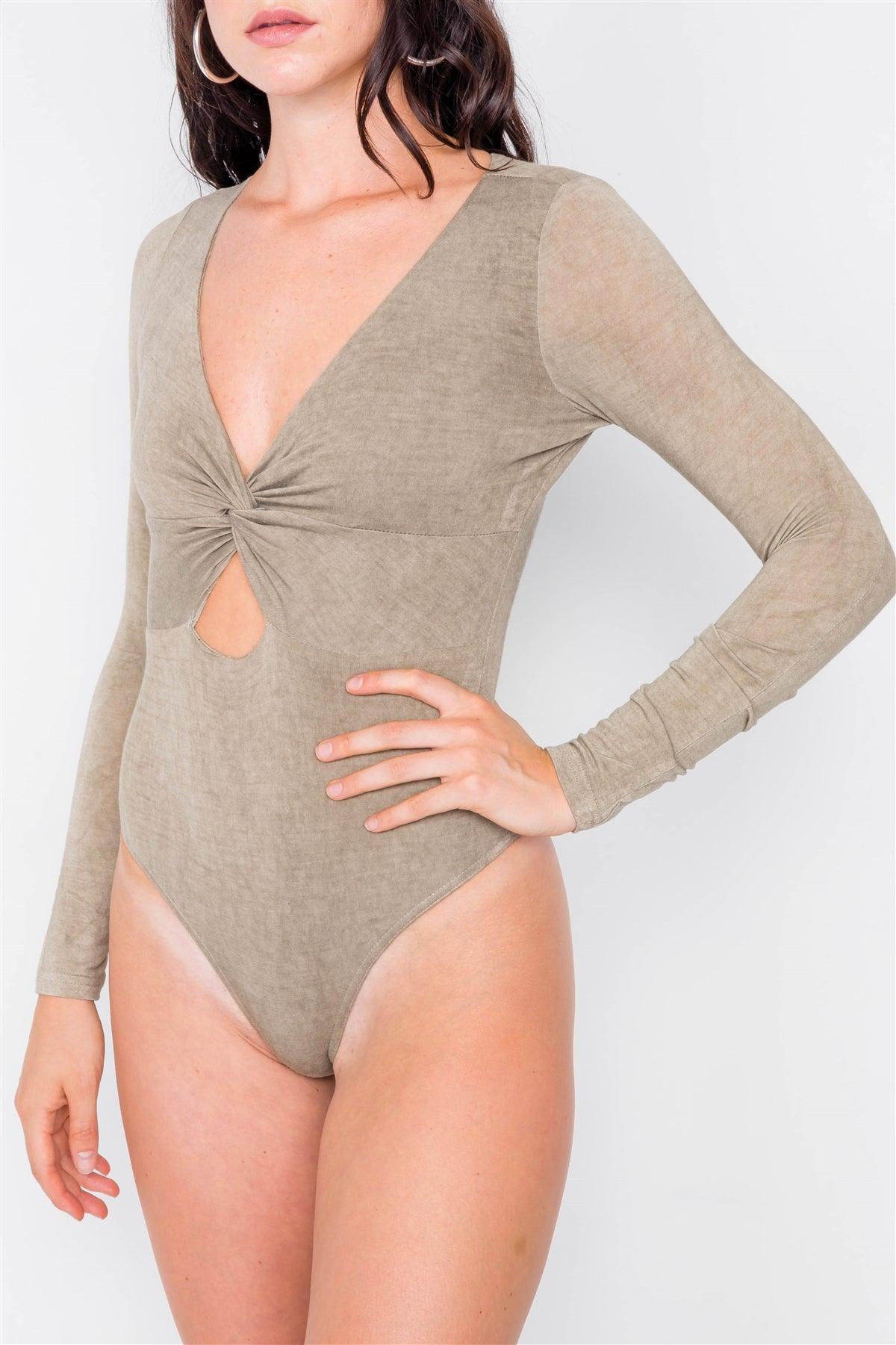 Taupe Twist Front Cut-Out V-Neck Long Sleeve Bodysuit /3-2-1