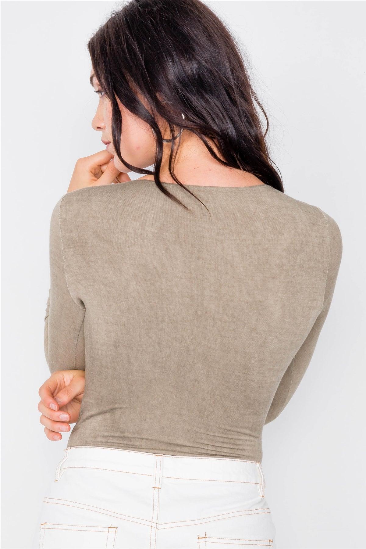 Taupe Twist Front Cut-Out V-Neck Long Sleeve Bodysuit /3-2-1