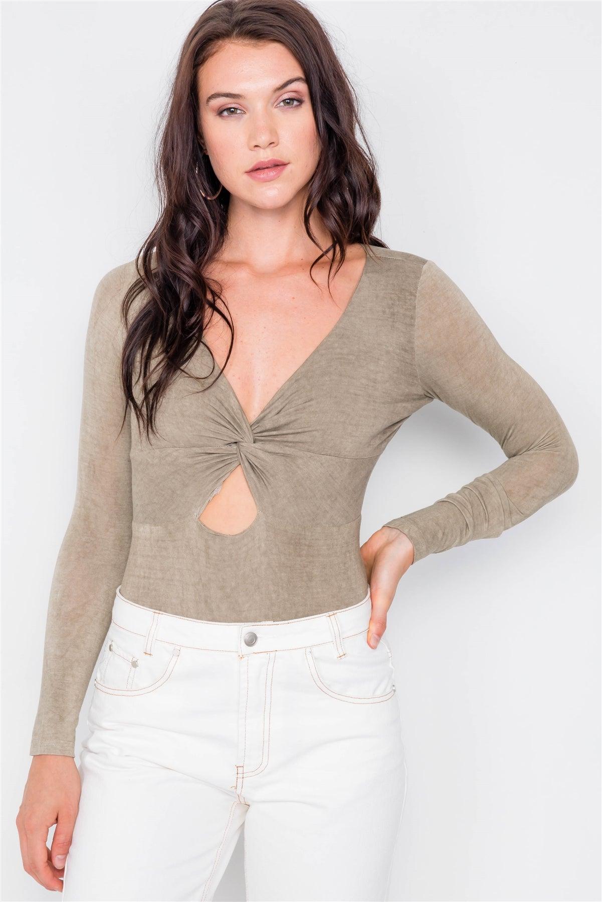 Taupe Twist Front Cut-Out V-Neck Long Sleeve Bodysuit /3-2-1