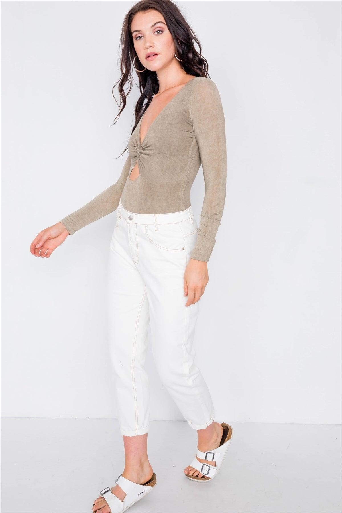 Taupe Twist Front Cut-Out V-Neck Long Sleeve Bodysuit /3-2-1