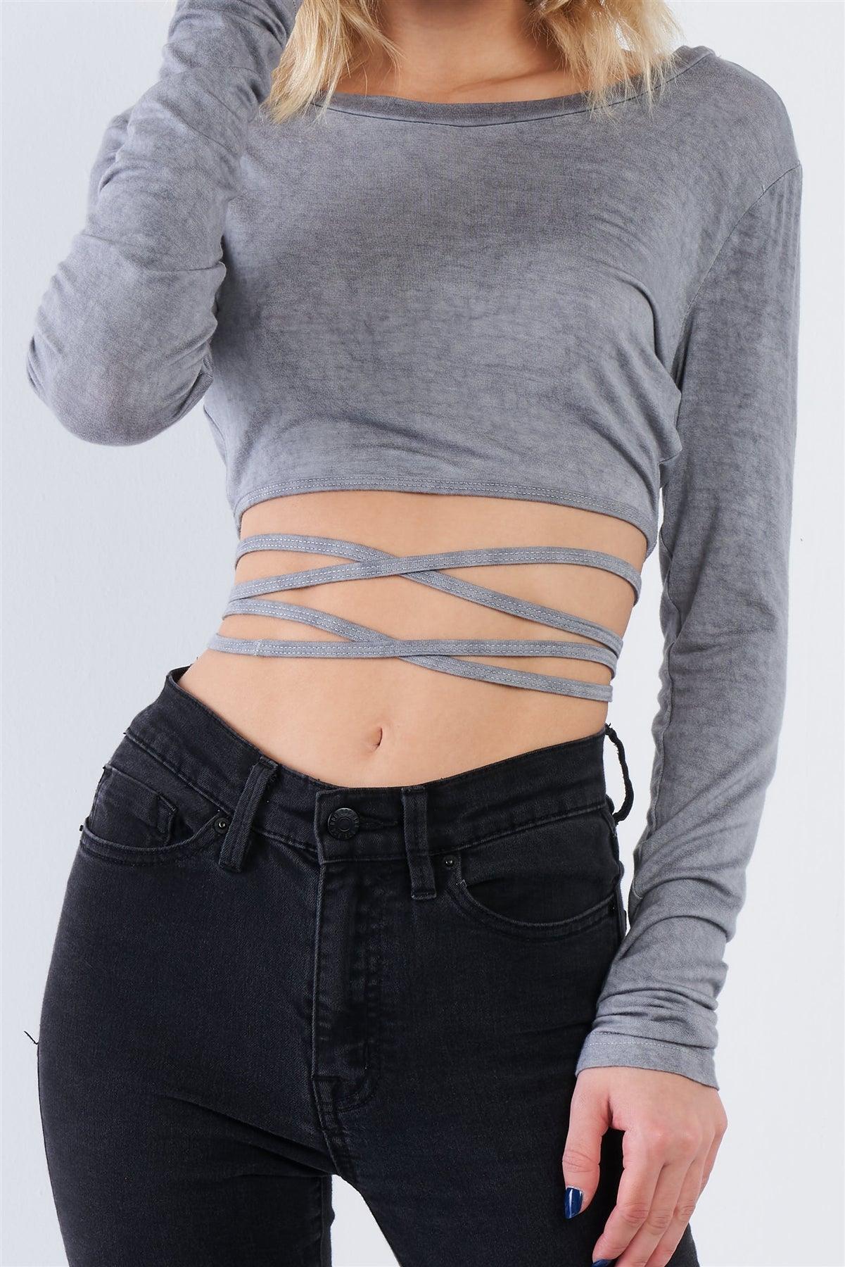 Grey Acid Wash Waist Tie Crop Top /3-2-1