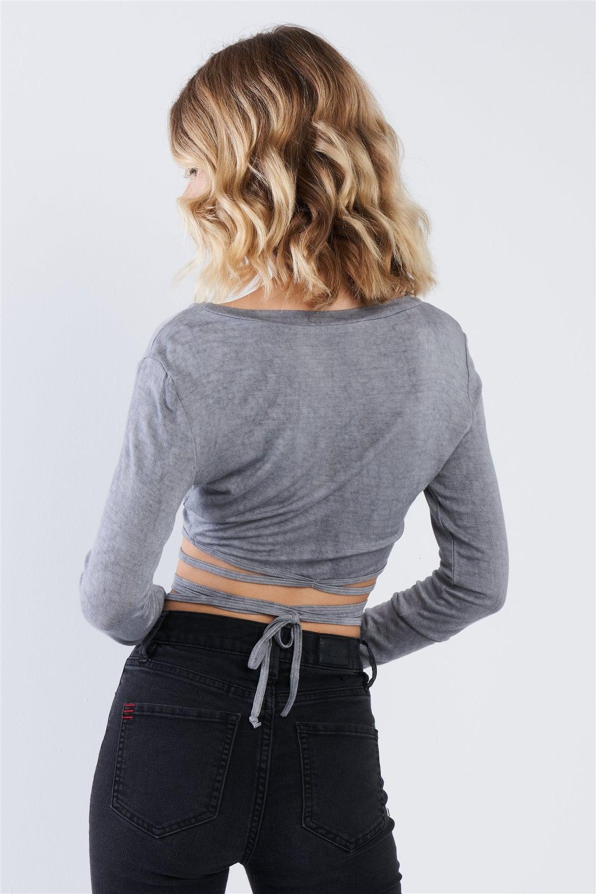 Grey Acid Wash Waist Tie Crop Top /3-2-1