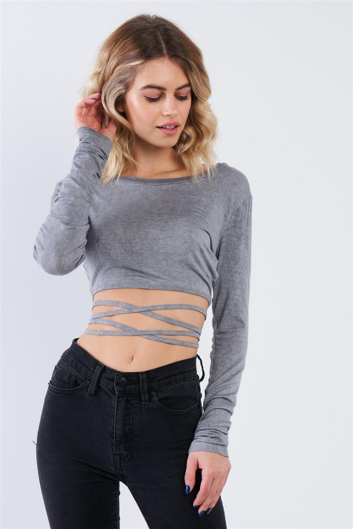 Grey Acid Wash Waist Tie Crop Top /3-2-1