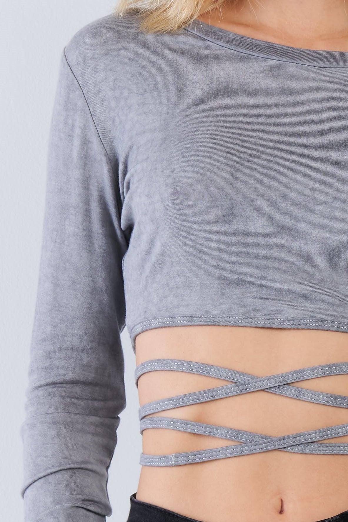 Grey Acid Wash Waist Tie Crop Top /3-2-1