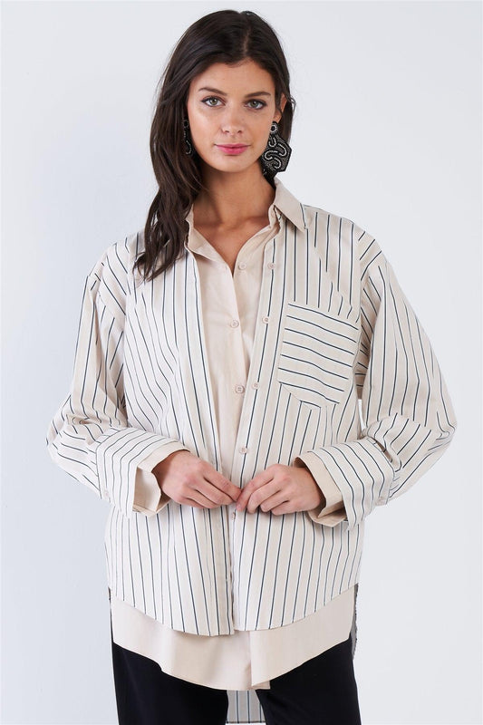 Ecru Pink & Blue Stripe Layered Double Button Down Top  /4-2