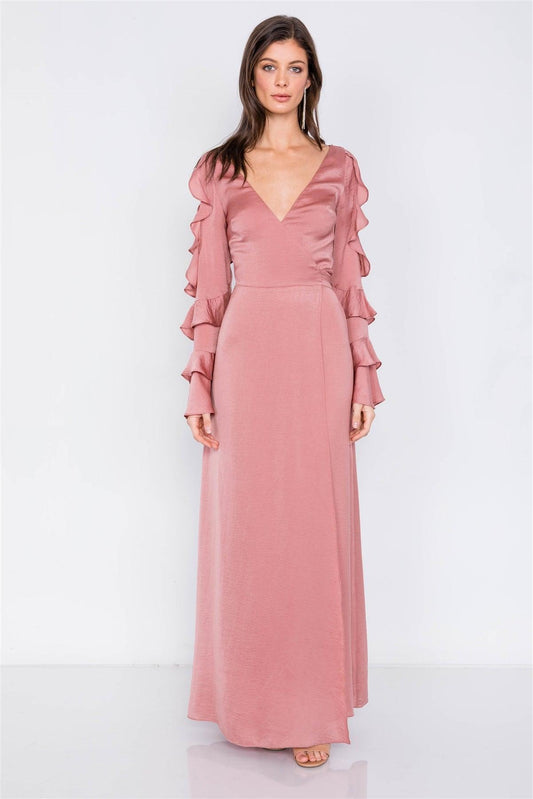 Satin Dusty Rose Cold Shoulder Frill Trim Wrap Maxi Dress /3-2-1