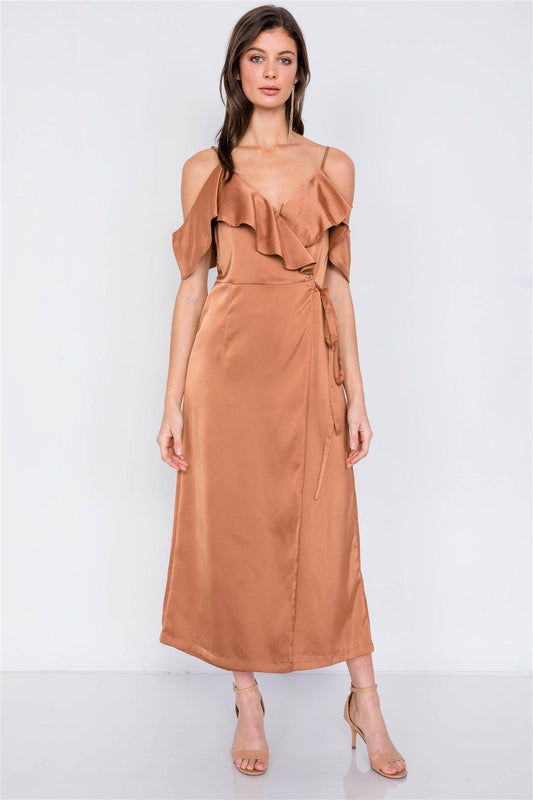 Silk Copper  Off-The-Shoulder Mock Wrap Ankle Gaucho Jumpsuit /3-2-1