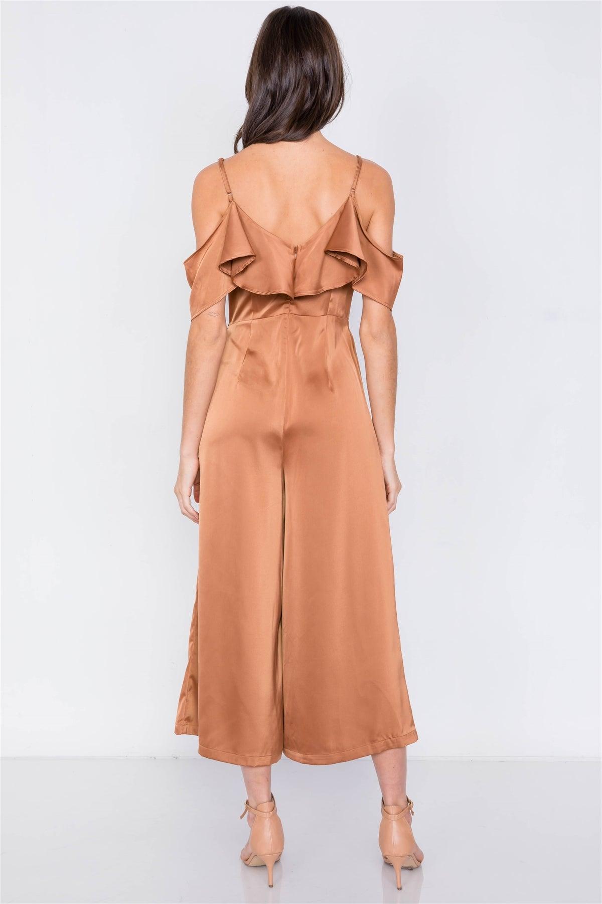 Silk Copper  Off-The-Shoulder Mock Wrap Ankle Gaucho Jumpsuit /3-2-1