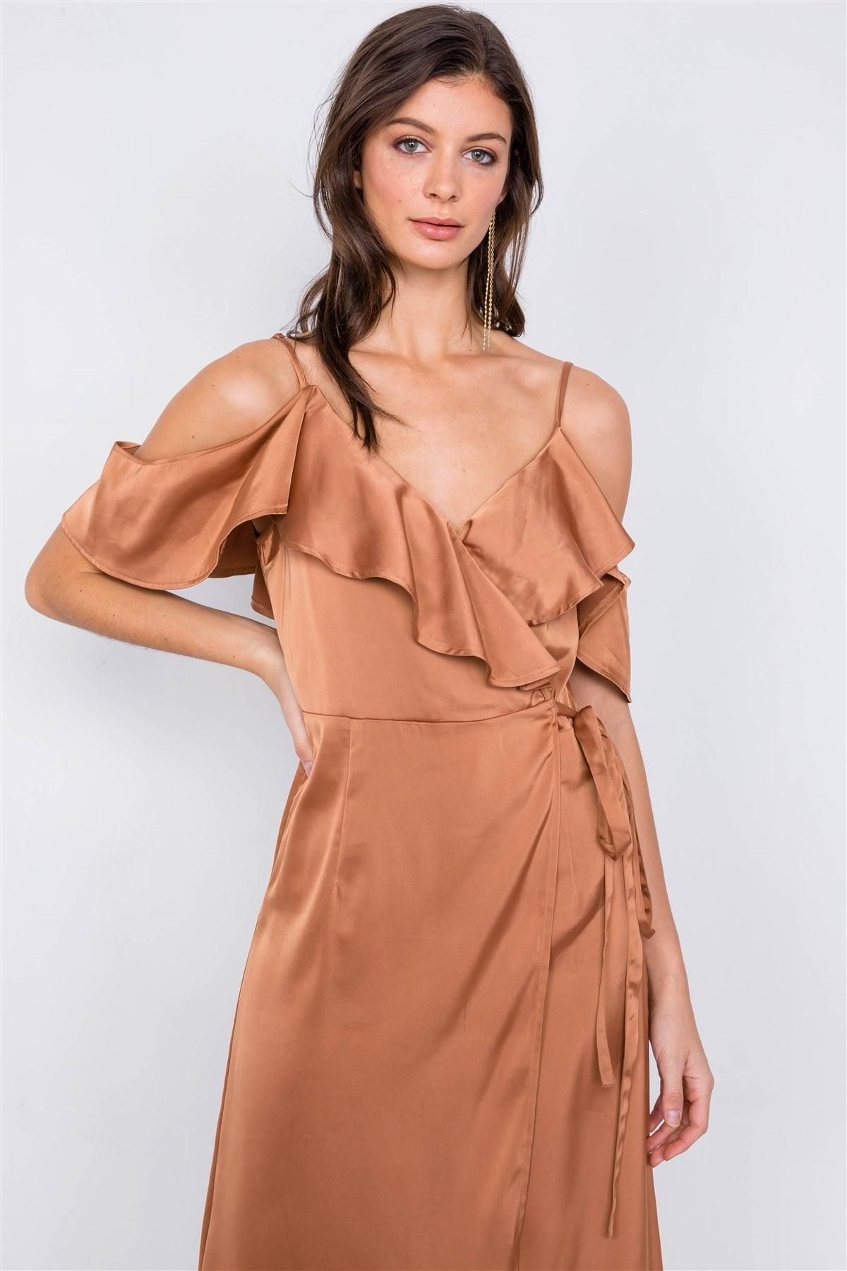 Silk Copper  Off-The-Shoulder Mock Wrap Ankle Gaucho Jumpsuit /3-2-1