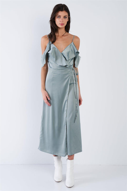 Satin Sage Green Off-The-Shoulder Mock Wrap Chic Jumpsuit /1-1-1-1-1