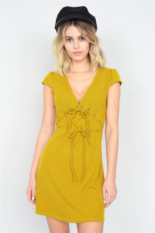 Mustard Ribbed V-Neck Cap Sleeve Mini Solid Casual Dress /3-2-1