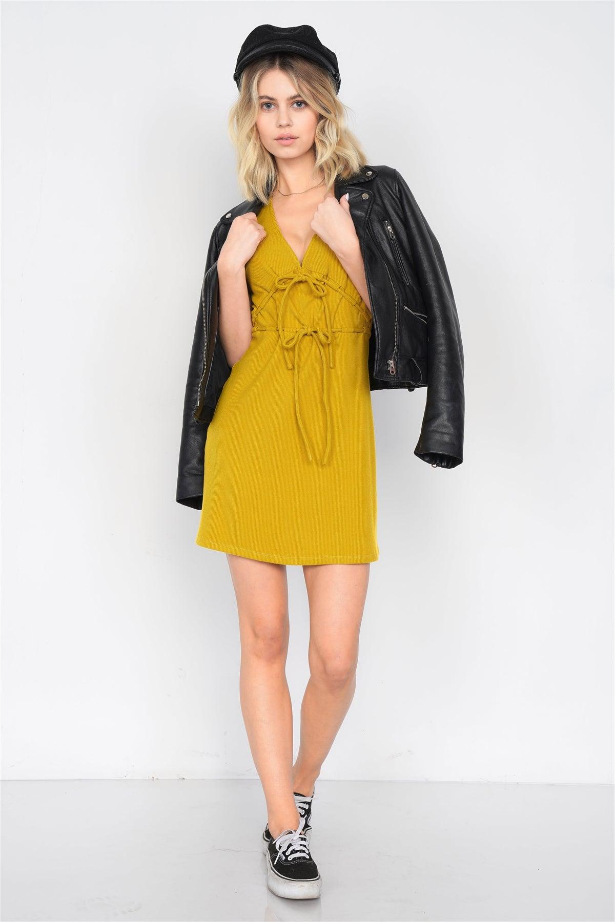 Mustard Ribbed V-Neck Cap Sleeve Mini Solid Casual Dress  /4-2-1