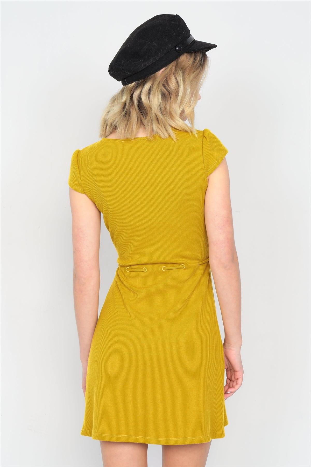 Mustard Ribbed V-Neck Cap Sleeve Mini Solid Casual Dress  /4-2-1