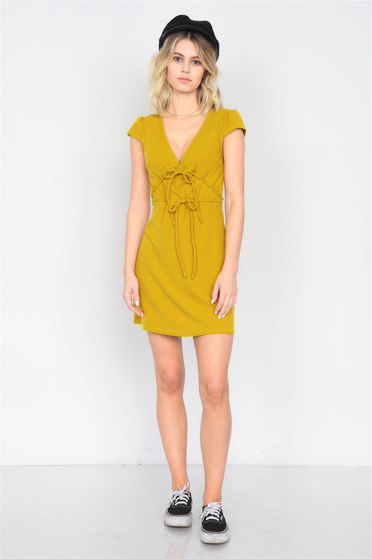 Mustard Ribbed V-Neck Cap Sleeve Mini Solid Casual Dress  /4-2-1