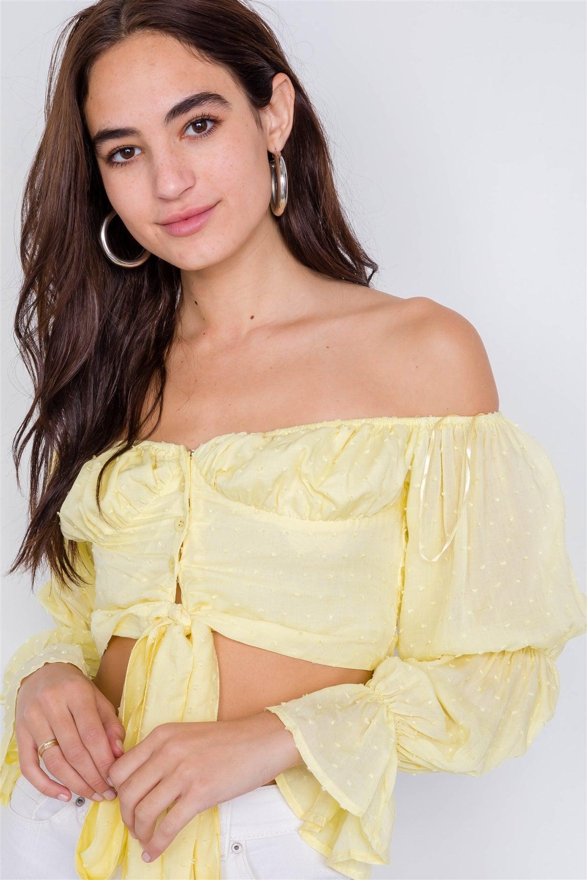 Butter Tiered Puff Embroidered Boho Knot Wrap Crop Top /1-1-1