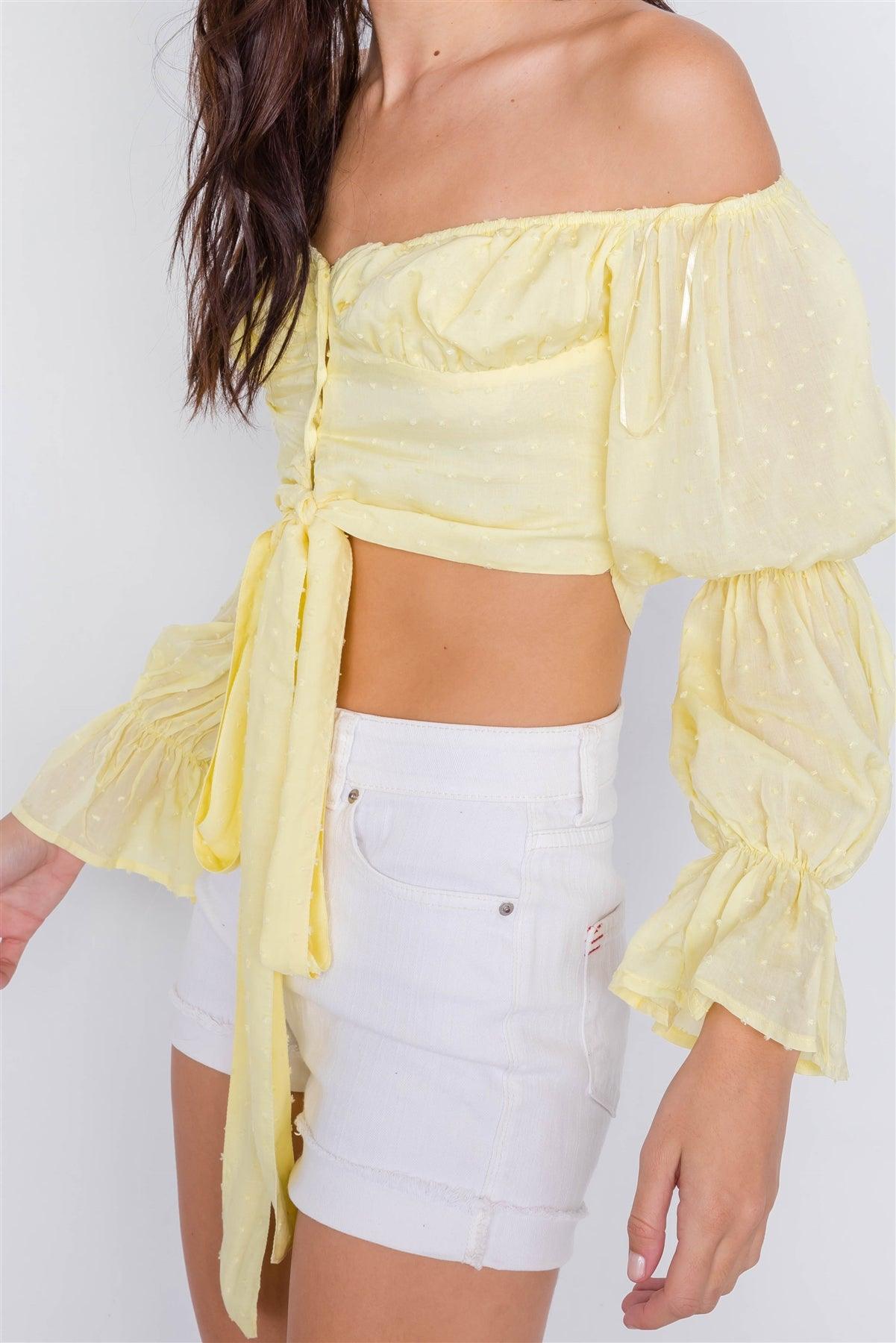 Butter Tiered Puff Embroidered Boho Knot Wrap Crop Top /3-2-1