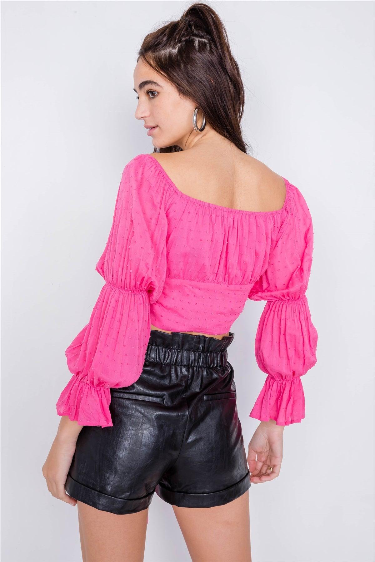 Pink Tiered Puff Embroidered Boho Knot Wrap Crop Top /2-1-1