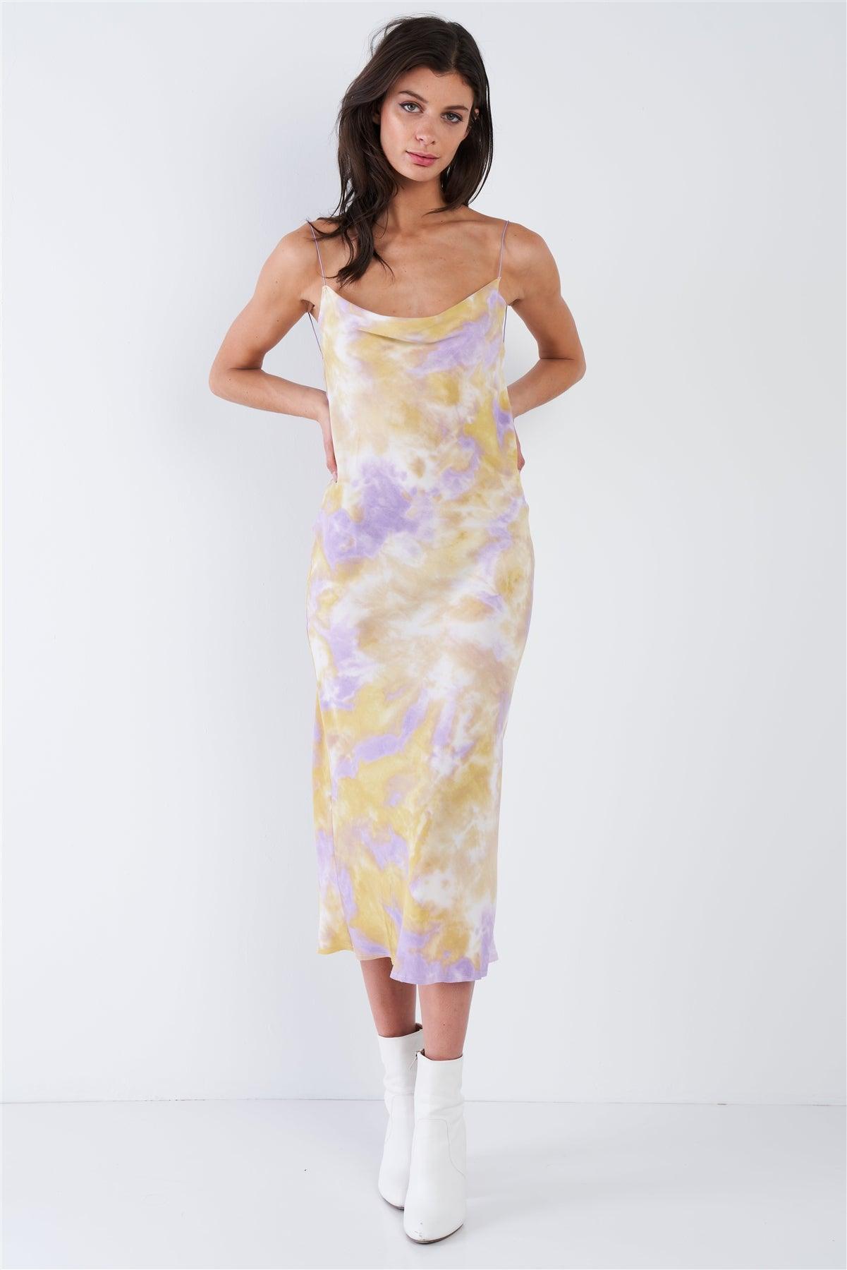 Lavender Purple & Yellow Tie Dye Cowl Neck Raw Hem Open Back Midi Dress /3-2-1