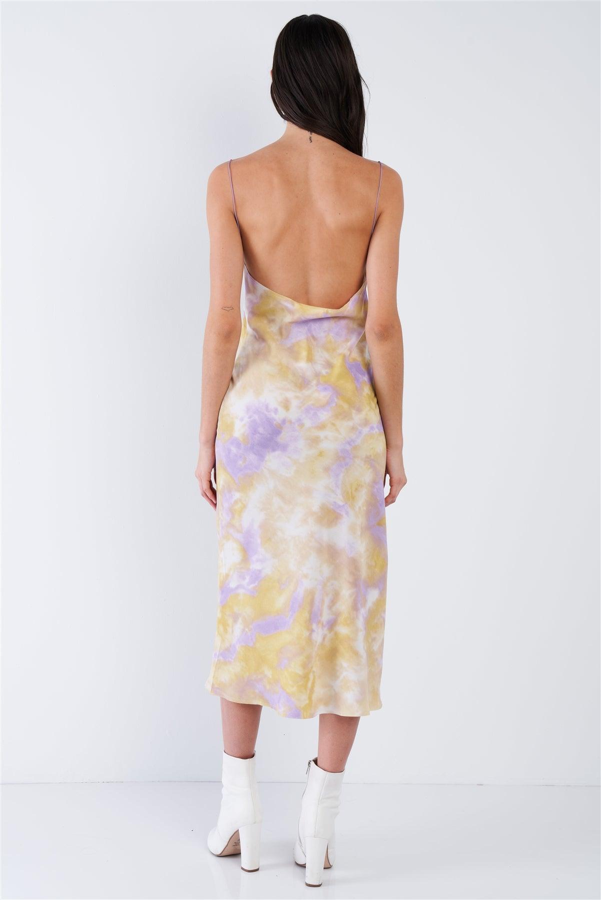 Lavender Purple & Yellow Tie Dye Cowl Neck Raw Hem Open Back Midi Dress /3-2-1