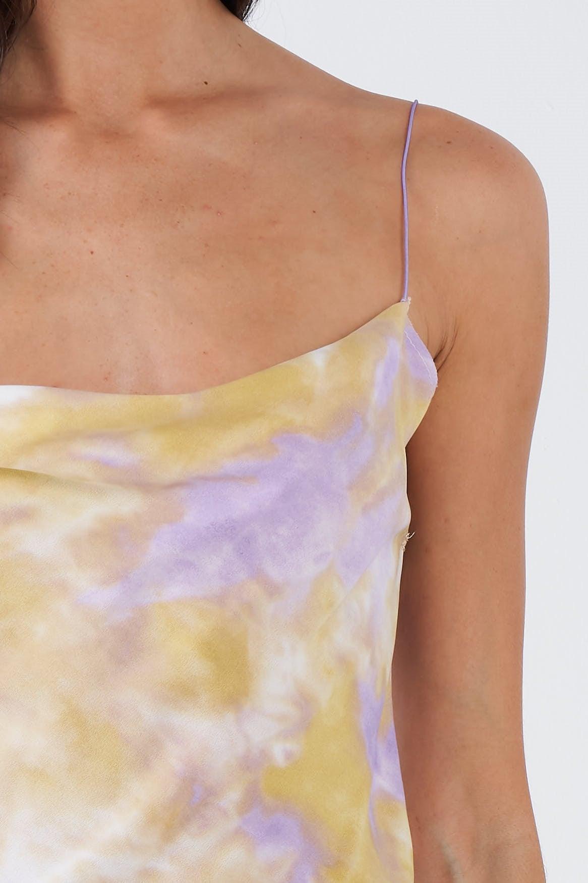 Lavender Purple & Yellow Tie Dye Cowl Neck Raw Hem Open Back Midi Dress /3-2-1