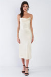 Champagne Yellow Silk Cowl Neck Raw Hem Midi Summer Dress /3-2-1