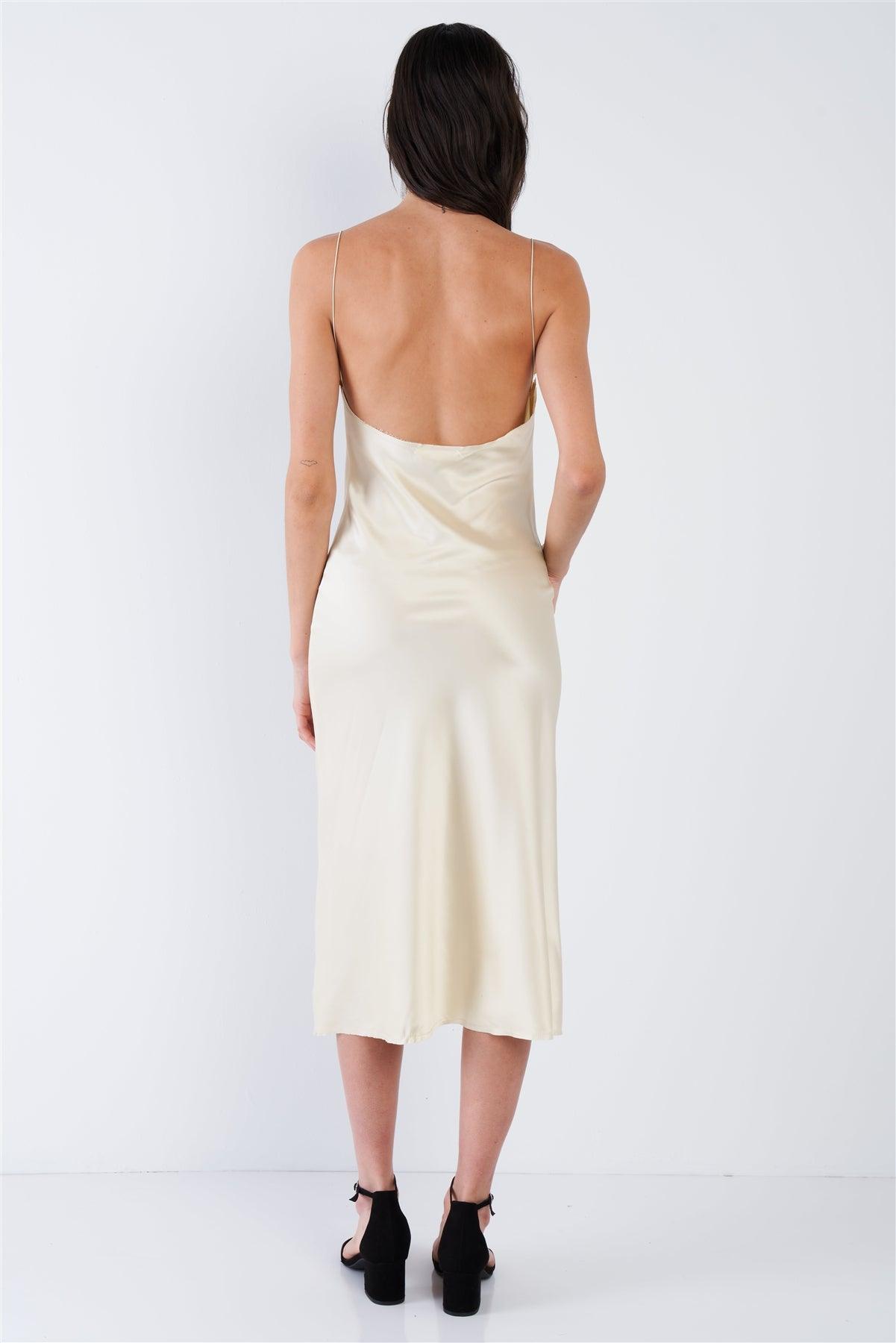 Champagne Yellow Silk Cowl Neck Raw Hem Midi Summer Dress /3-2-1