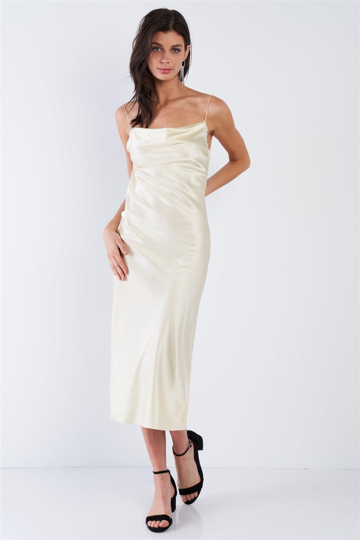 Champagne Yellow Silk Cowl Neck Raw Hem Midi Summer Dress /3-2-1