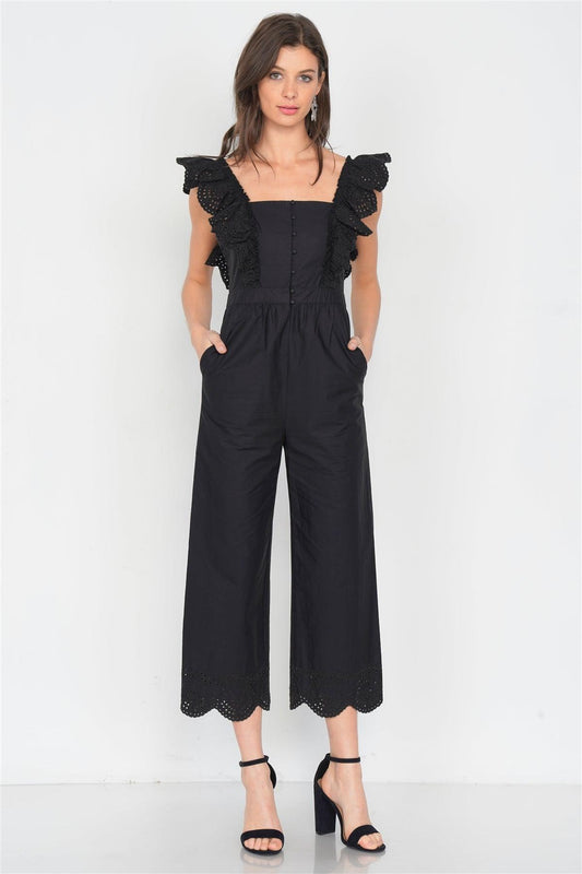 Black Cotton Eyelet Flounce Trim Wide Leg Jumpsuit /3-2-1