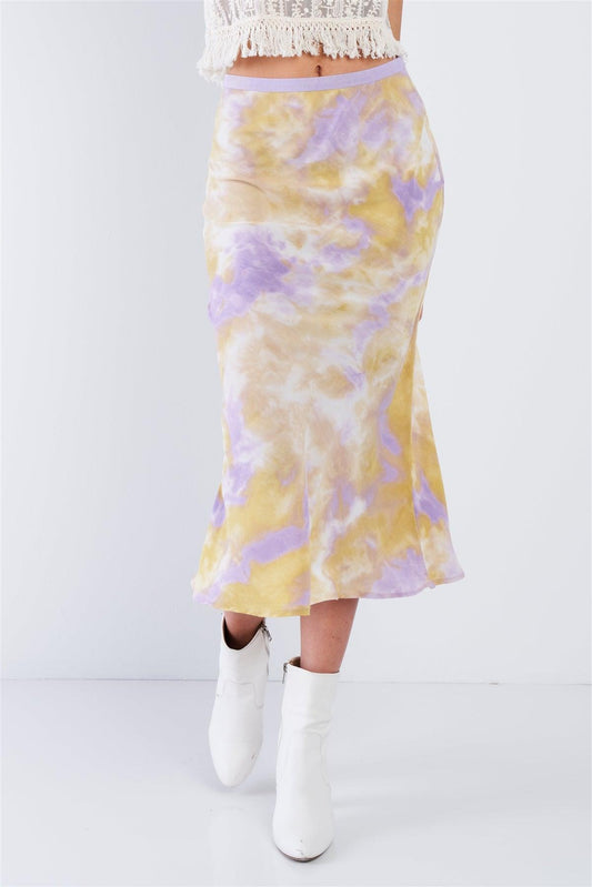 Lavender High Waisted Tie Dye Satin Midi Skirt