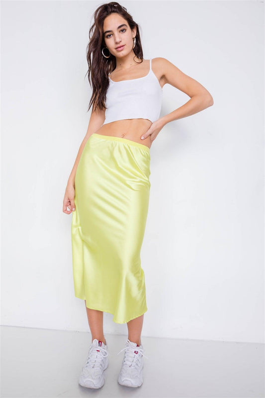 Retro Neon Lime Silk Round Hem Midi Skirt /2-1-1