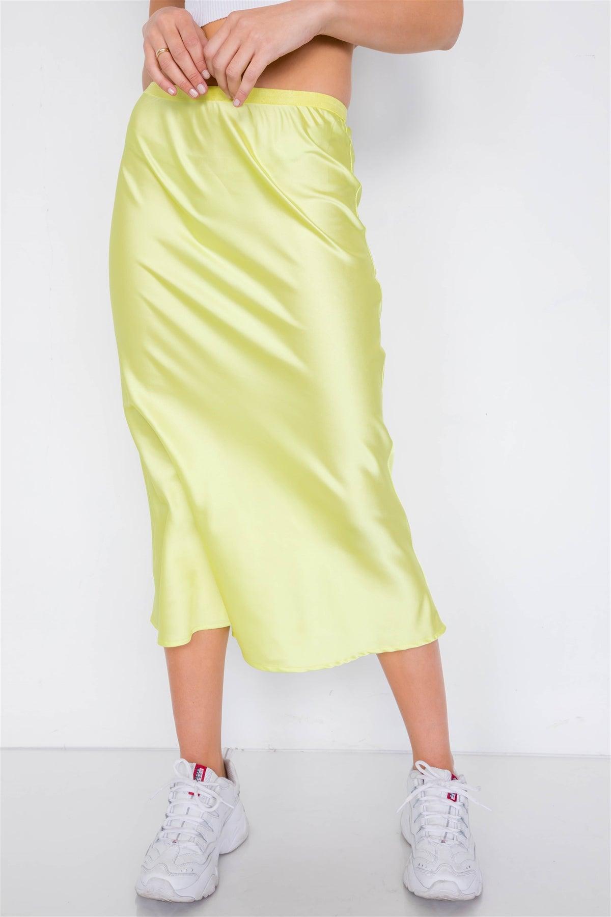 Retro Neon Lime Silk Round Hem Midi Skirt /2-1-1