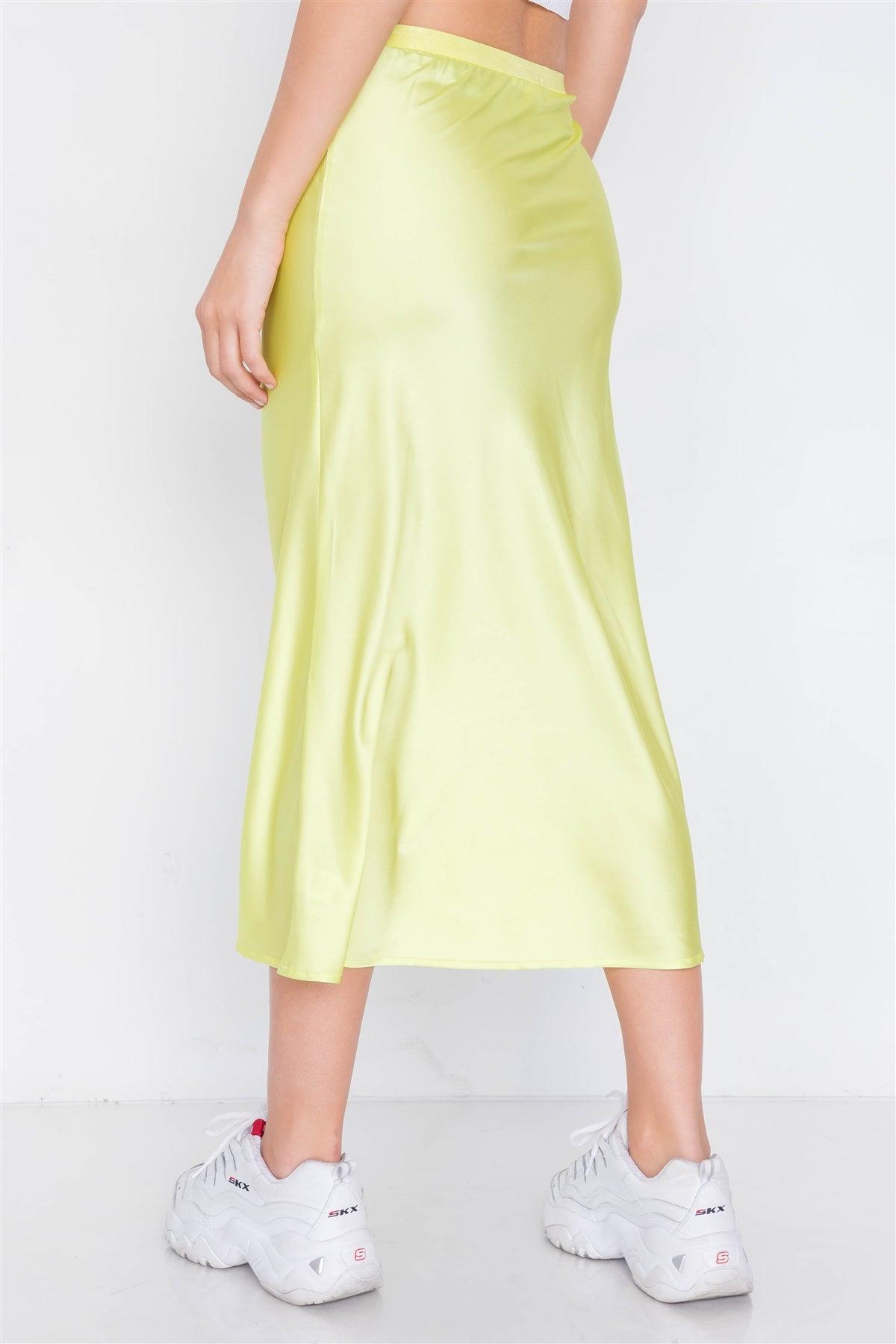 Retro Neon Lime Silk Round Hem Midi Skirt /2-1-1