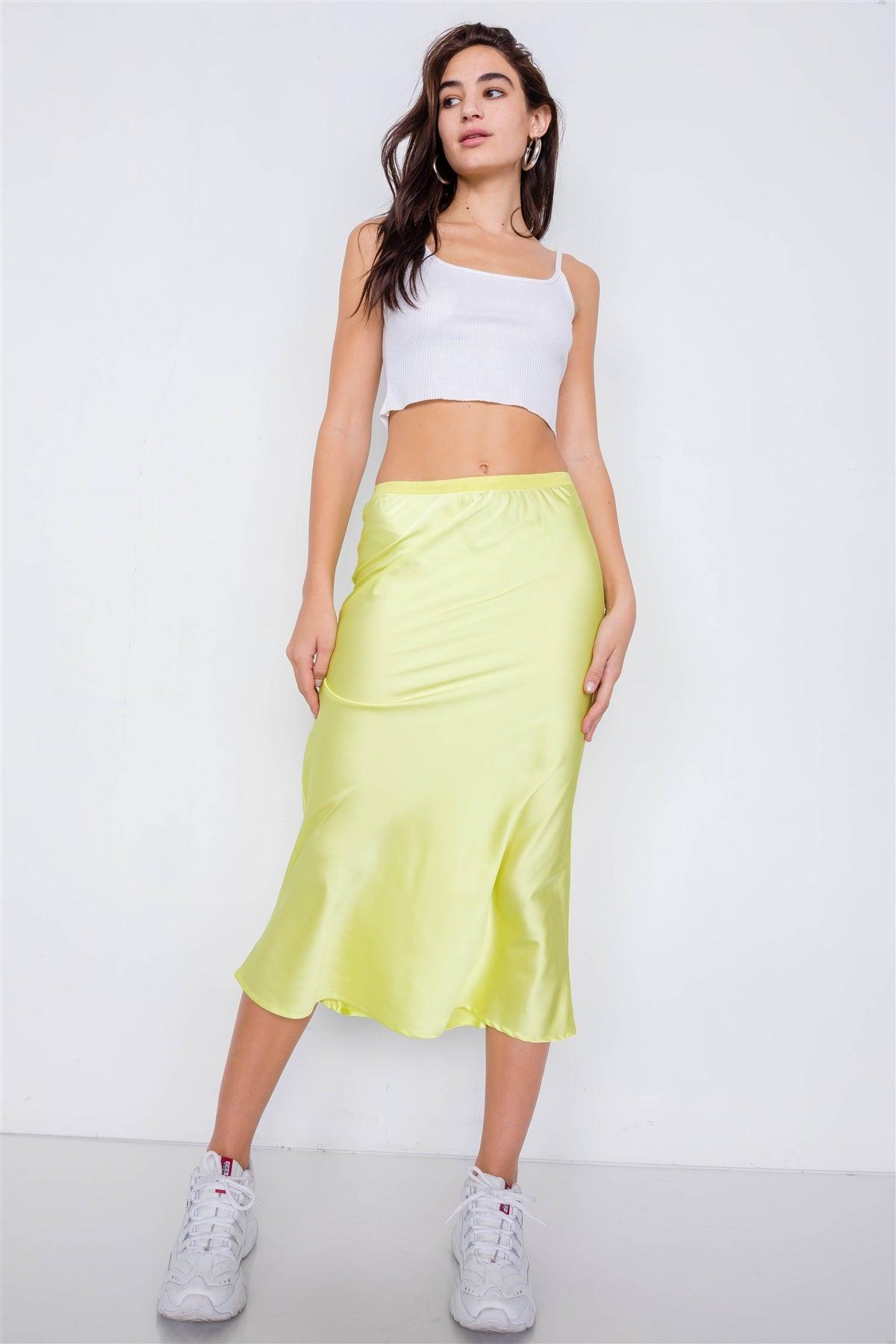 Retro Neon Lime Silk Round Hem Midi Skirt /2-1-1