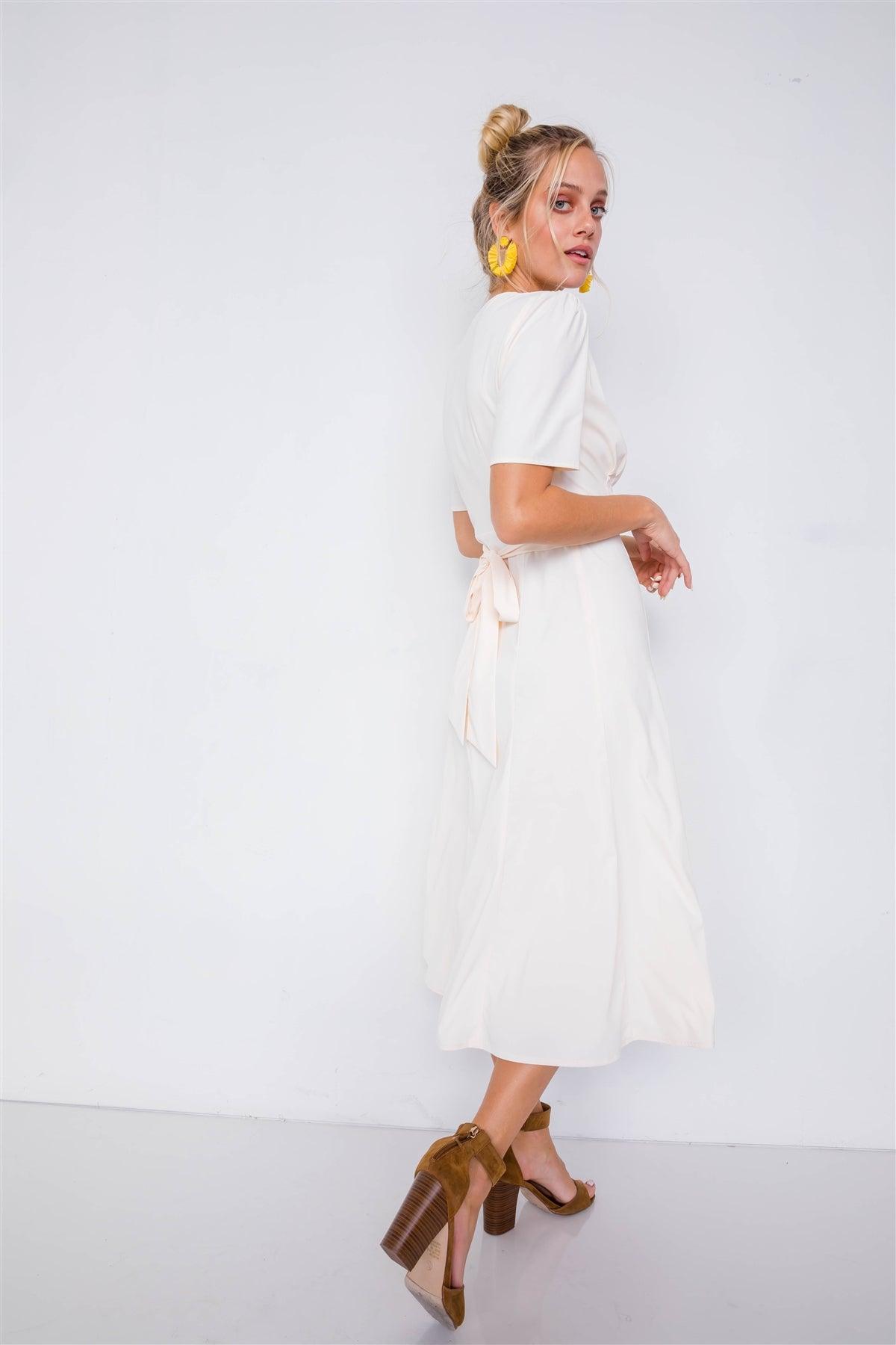 Yogurt V-Neck Mock Wrap Modern Midi Dress /3-2-1