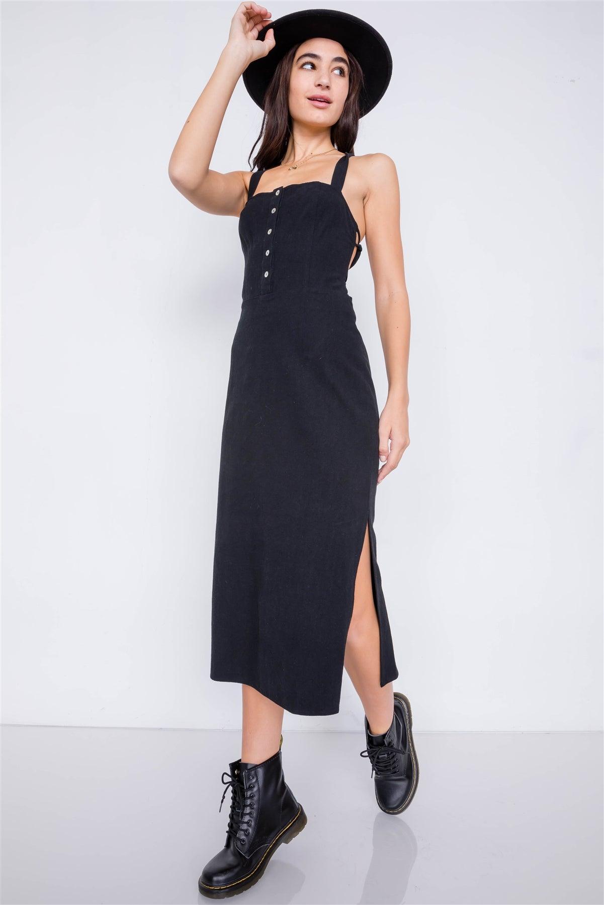 Black Linen Lace-Up Open Back Midi Slit Casual Chic Dress /2-2-1