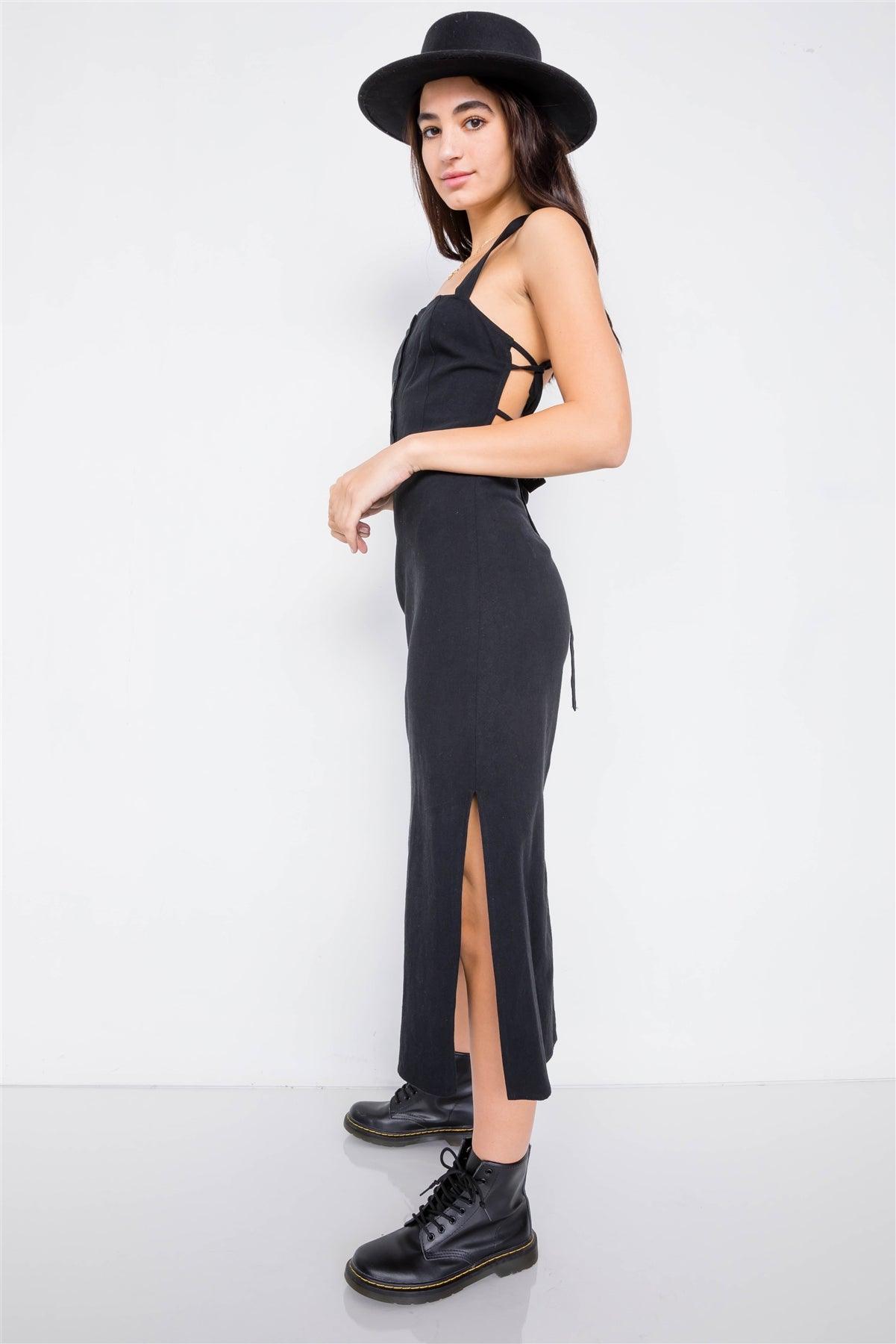 Black Linen Lace-Up Open Back Midi Slit Casual Chic Dress /2-2-1