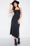 Black Linen Lace-Up Open Back Midi Slit Casual Chic Dress /3-2-1