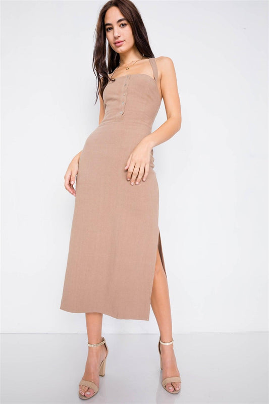 Khaki Linen Lace-Up Open Back Midi Slit Casual Chic Dress /3-2-1