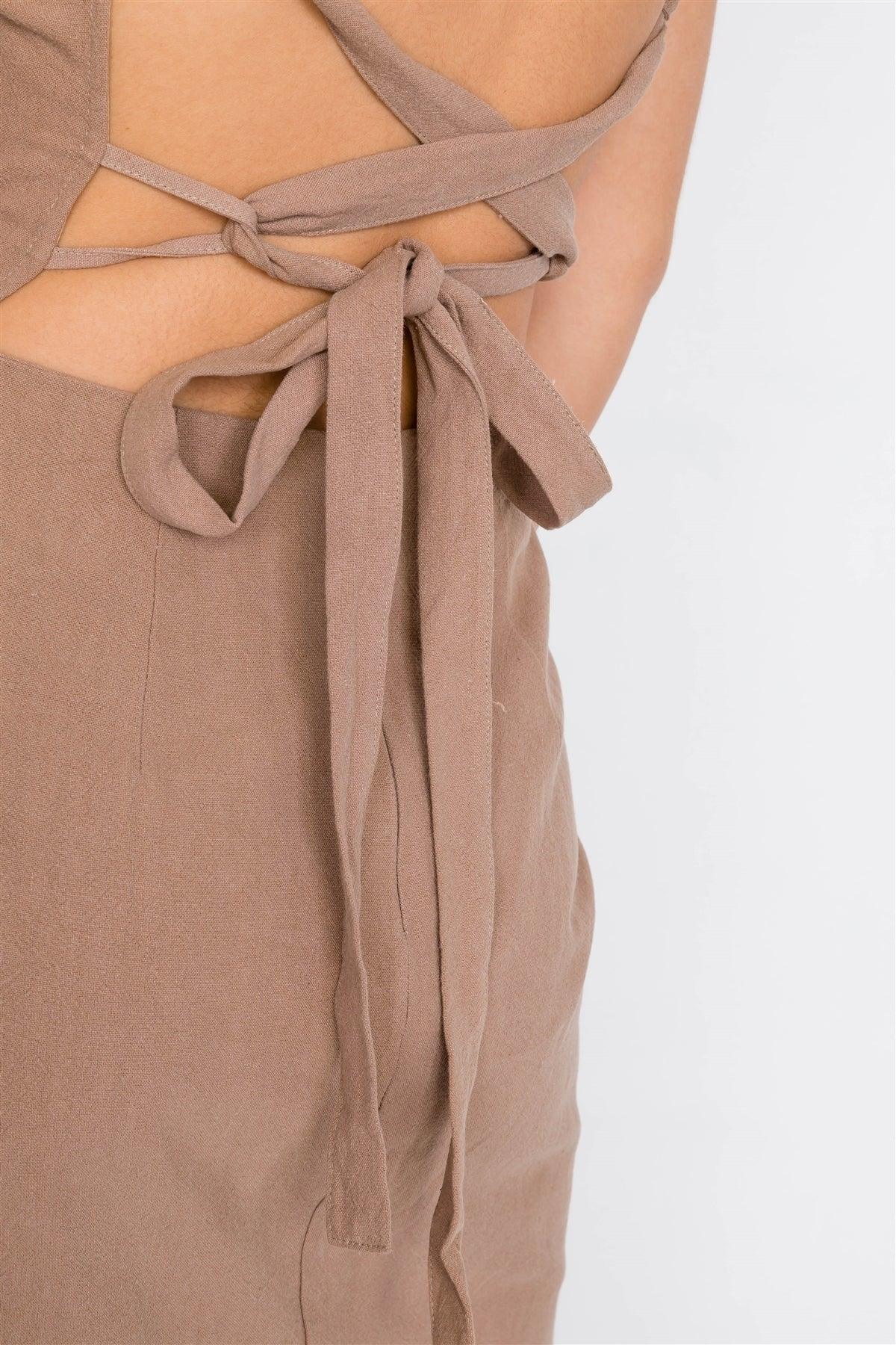 Khaki Linen Lace-Up Open Back Midi Slit Casual Chic Dress /3-2-1